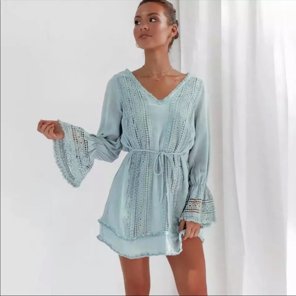 Crochet Fringe Bell Sleeve Boho Gypsy Dress Mint - Picture 1 of 12